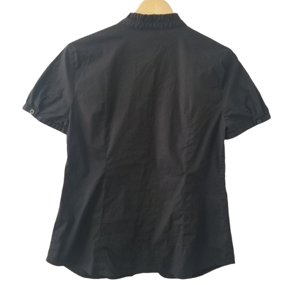 BLACK Button Front Short Sleeve Cotton Lightweight Ruffle Neck Blouse Size Lg - Picture 3 of 7